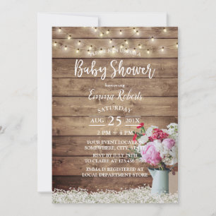 Invitación Rustic String Lights & Floral Bouquet Baby Shower