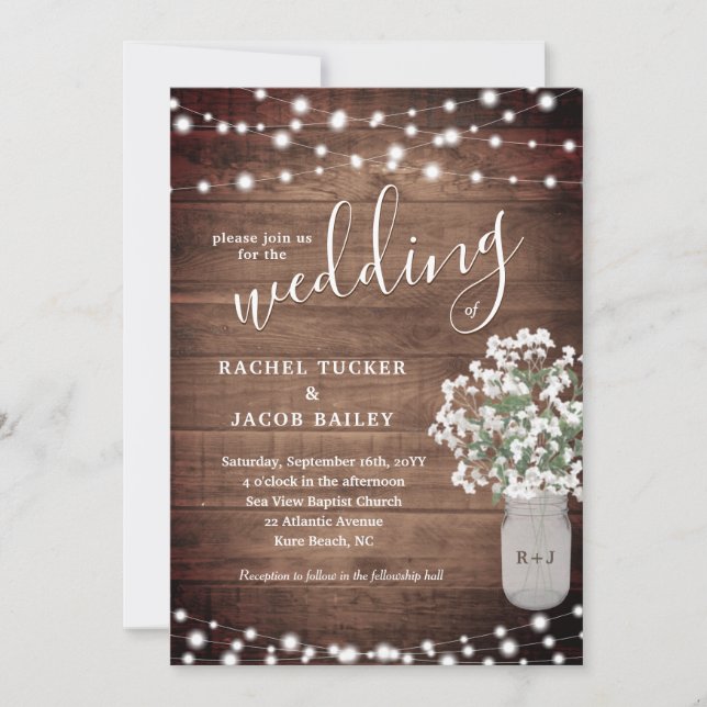 Invitación Rustic String Lights & Floral Vase of Babys Breath (Anverso)