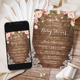 Invitación Rustic String Lights Lace Floral Baby Shower
