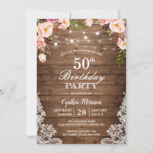 Invitación Rustic String Lights Lace Floral Birday Party