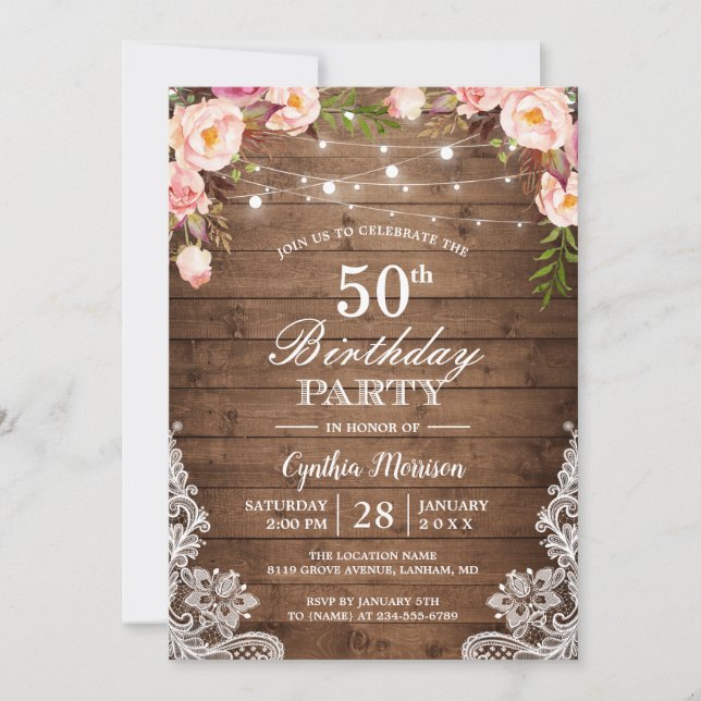Invitación Rustic String Lights Lace Floral Birday Party (Anverso)