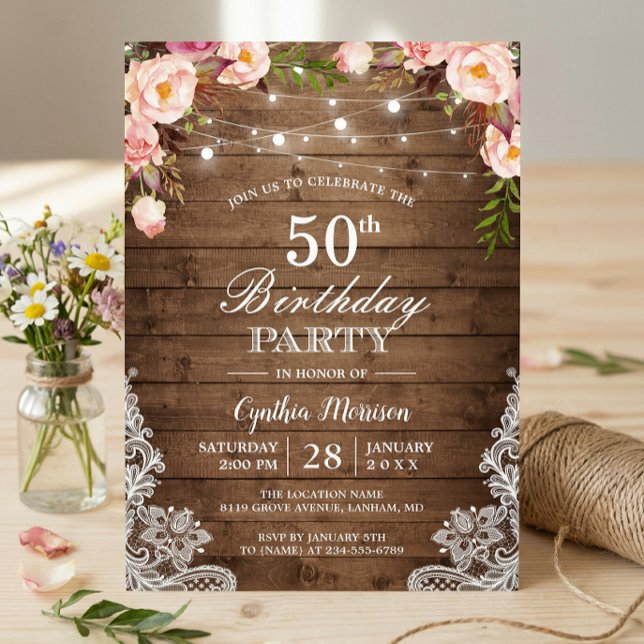 Invitación Rustic String Lights Lace Floral Birday Party (Subido por el creador)