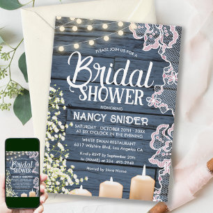 Invitación Rustic String Lights & Lace Navy Blue Bridal