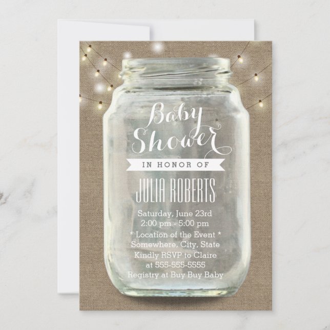 Invitación Rustic String Lights Mason Jar Burlap Baby Shower (Anverso)