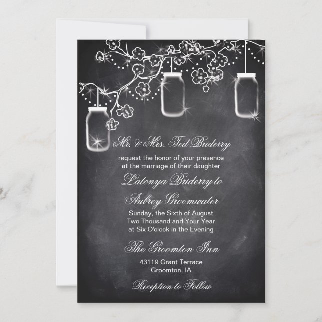 Invitación Rustic String Lights Mason Jar Chalkboard Boda (Anverso)