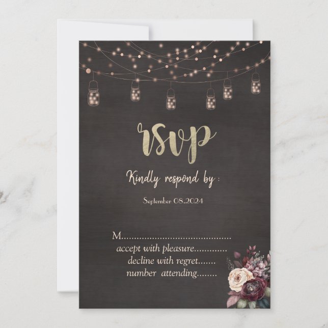Invitación Rustic String Lights Mason Jar Rosas RSVP (Anverso)