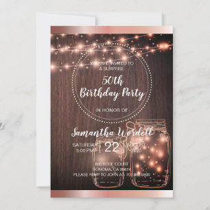 Invitación Rustic String Lights Mason Jars Metallic Rosa Gold