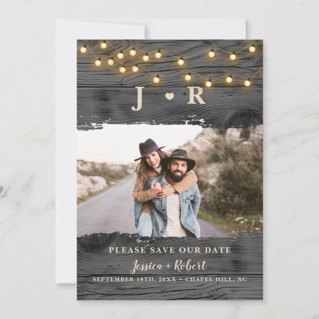 Invitación Rustic String Lights Photo Save the Date Card (Anverso)