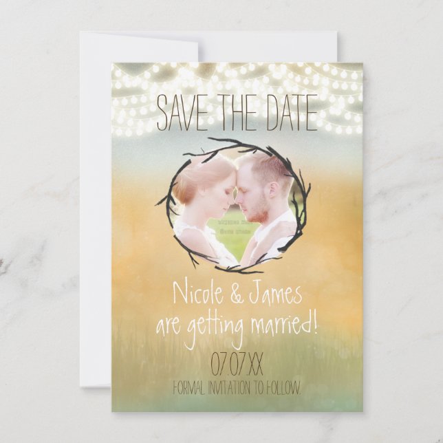 Invitación Rustic String Lights Save the Date PHOTO Card (Anverso)