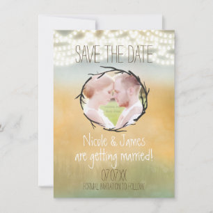 Invitación Rustic String Lights Save the Date PHOTO Card