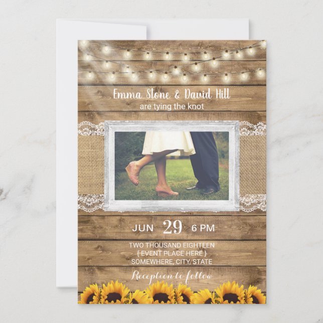 Invitación Rustic String Lights & Sunflowers Boda Foto (Anverso)