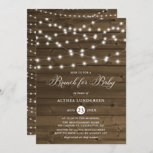 Invitación Rustic String Lights Wood Baby Shower Brunch