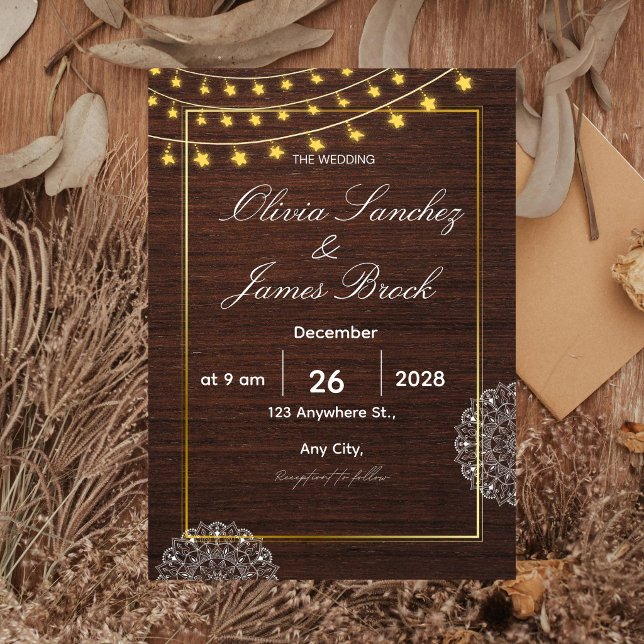 Invitación Rustic String Lights Wood Wedding Invitation, Boho (Subido por el creador)