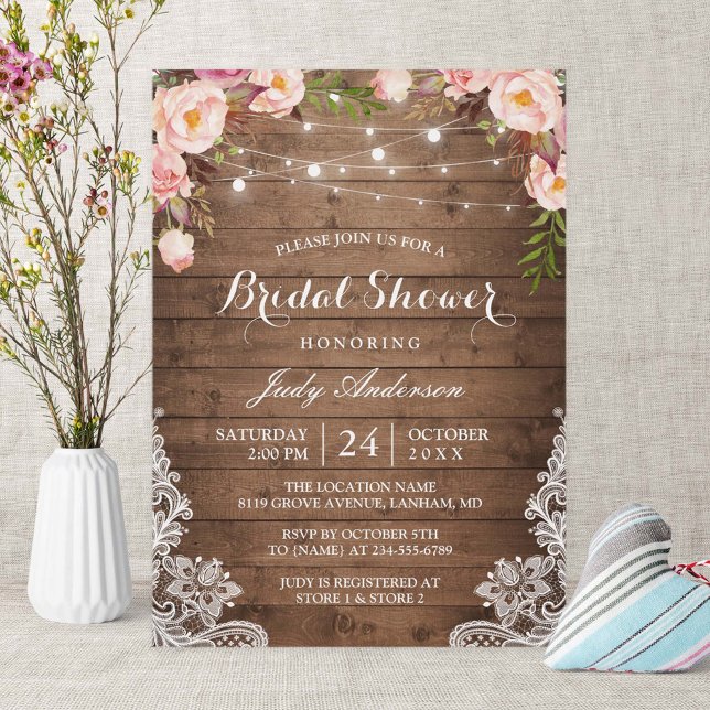 Invitación Rustic String Lughts Lace Floral Bridal Shower (Subido por el creador)