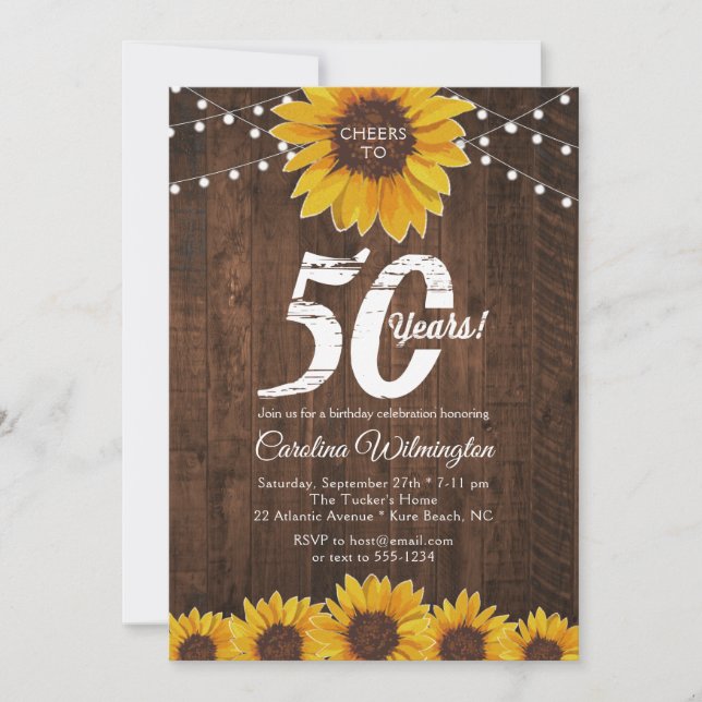 Invitación Rustic Sunflower 50.ª luz de cadena de cumpleaños (Anverso)