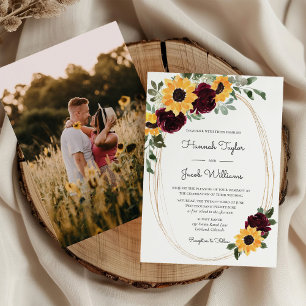 Invitación Rustic Sunflower & Burgundy Roses Photo Wedding