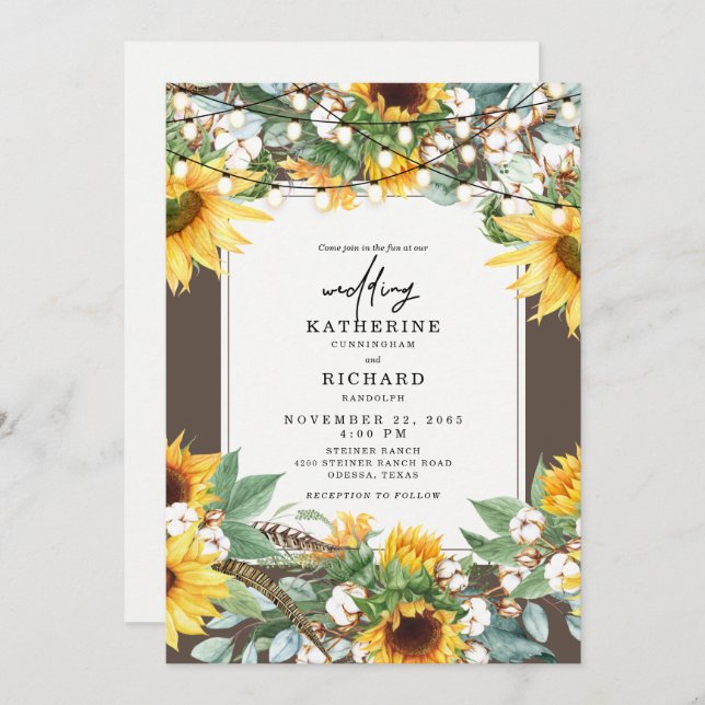 Invitación Rustic Sunflower Burst String Luces (Anverso / Reverso)