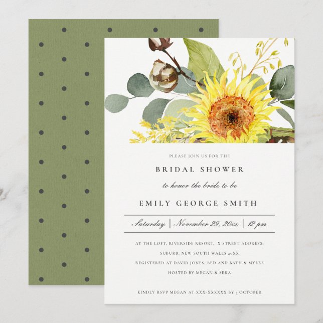 INVITACIÓN RUSTIC SUNFLOWER EUCALYPTUS FLORAL BRIDAL SHOWER (Anverso / Reverso)