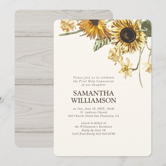 Invitación Rustic Sunflower Floral First Community (Anverso / Reverso)