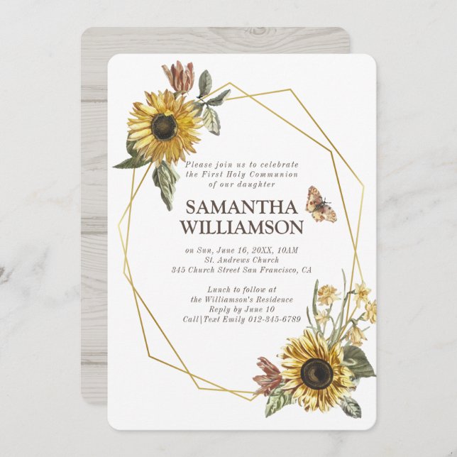 Invitación Rustic Sunflower Floral First Community (Anverso / Reverso)
