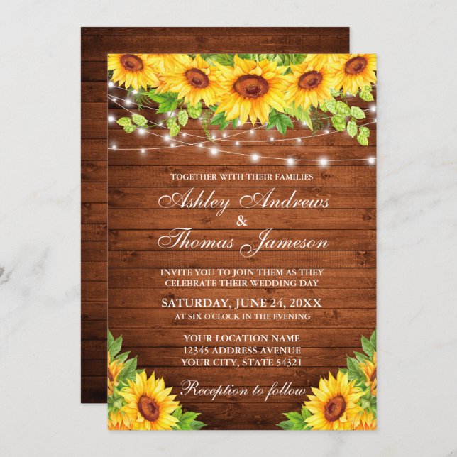 Invitación Rustic Sunflower Floral Wood String Lights (Anverso / Reverso)