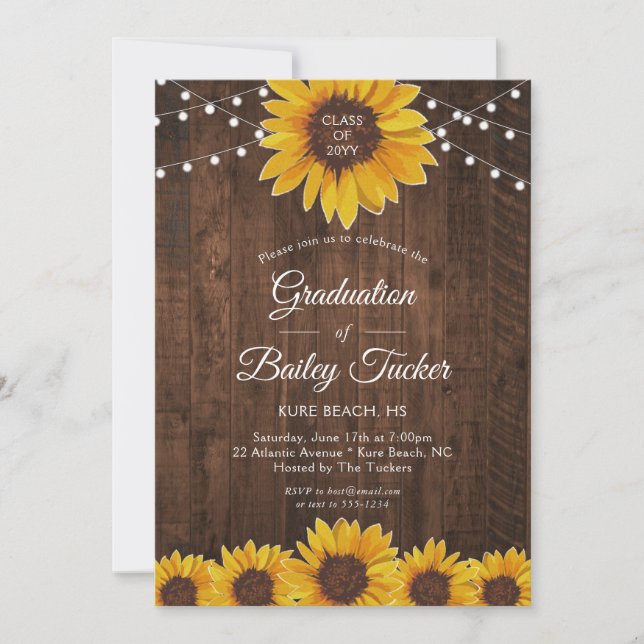 Invitación Rustic Sunflower Ilumina fiesta de graduación de m (Anverso)