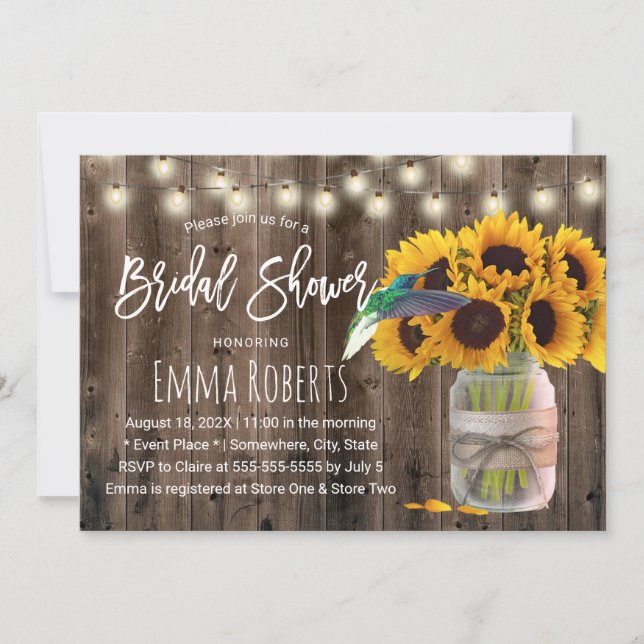 Invitación Rustic Sunflower Jar & Hummingbird Bridal Shower (Anverso)