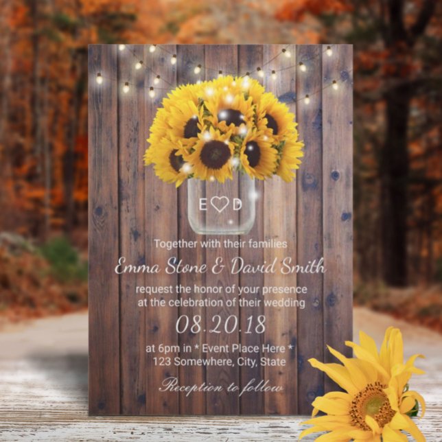 Invitación Rustic Sunflower Jar String ilumina el Boda del gr (Subido por el creador)