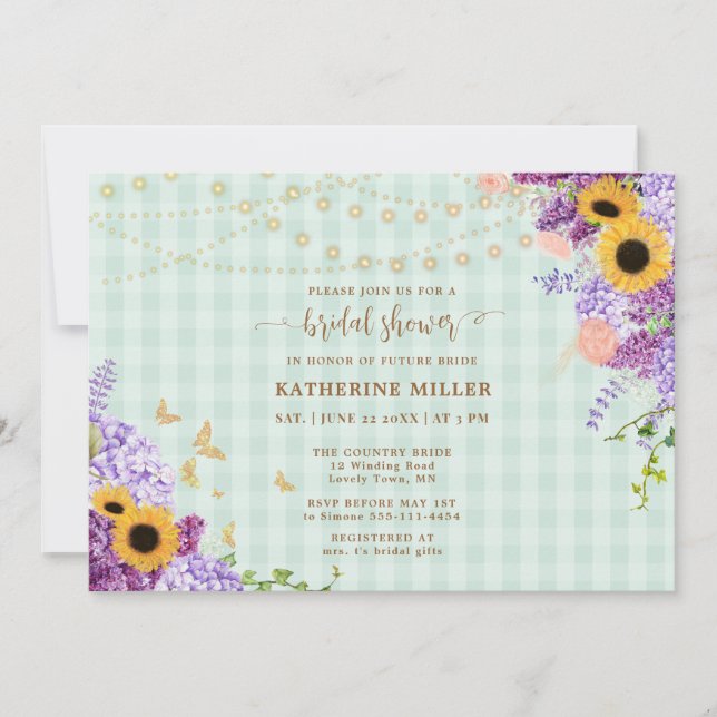 Invitación Rustic Sunflower Lilac Green Gingham Bridal Shower (Anverso)