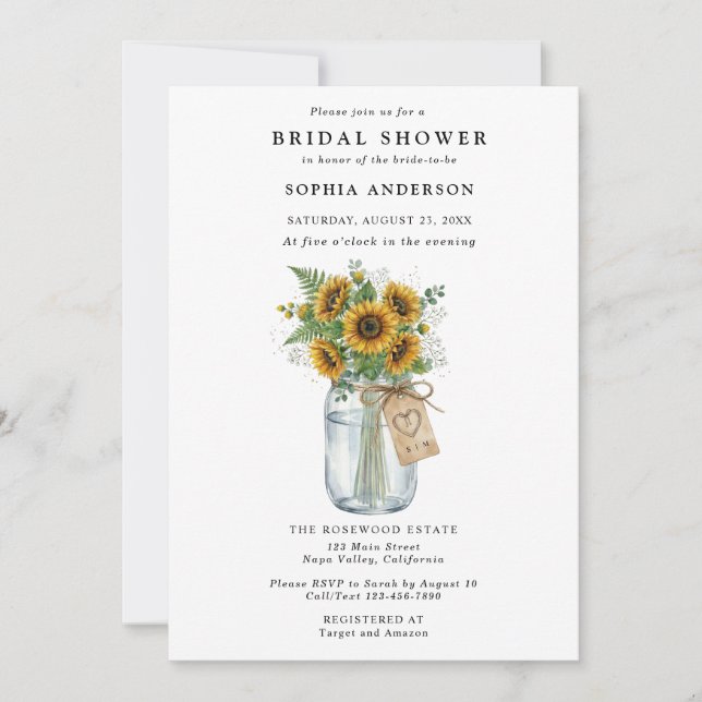 Invitación Rustic Sunflower Mason Jar Bridal Shower (Anverso)