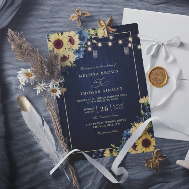 Invitación Rustic Sunflower Navy Blue Wood QR Code Wedding (Subido por el creador)