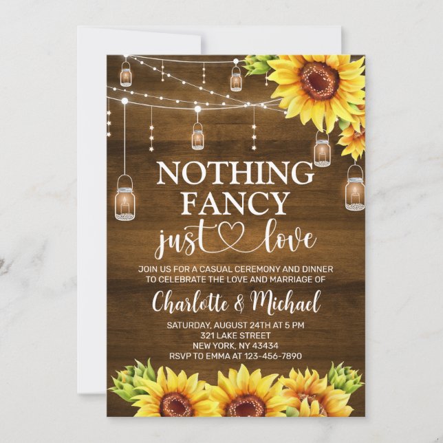 Invitación Rustic Sunflower Nothing Fancy Just Love Wedding (Anverso)