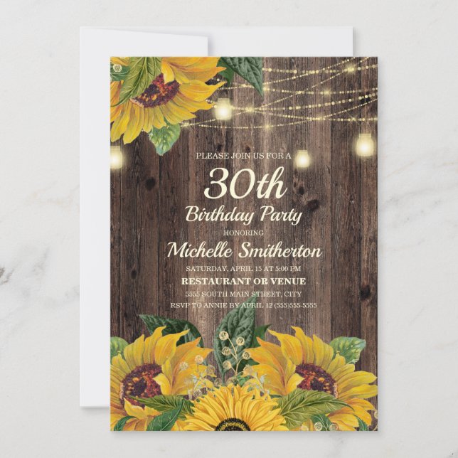 Invitación Rustic Sunflower String enciende 30 cumpleaños (Anverso)