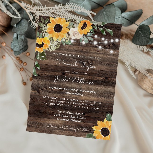 Invitación Rustic Sunflower String ilumina a Boda de madera (Subido por el creador)