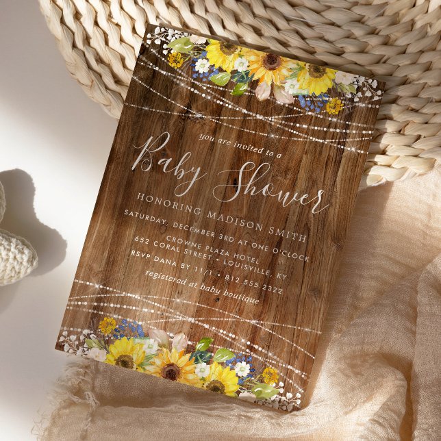 Invitación Rustic Sunflower String ilumina Baby Shower (Subido por el creador)