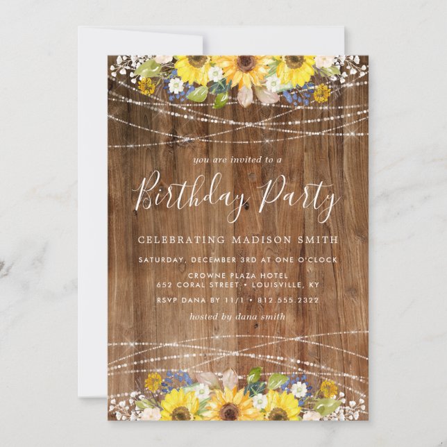 Invitación Rustic Sunflower String ilumina la fiesta de cumpl (Anverso)