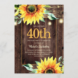 Invitación Rustic Sunflower String Light 40 cumpleaños