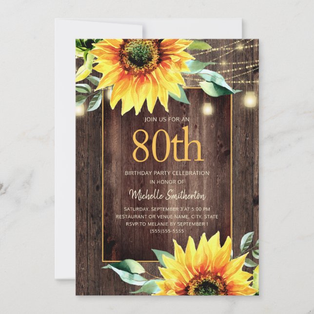 Invitación Rustic Sunflower String Light 80 cumpleaños (Anverso)