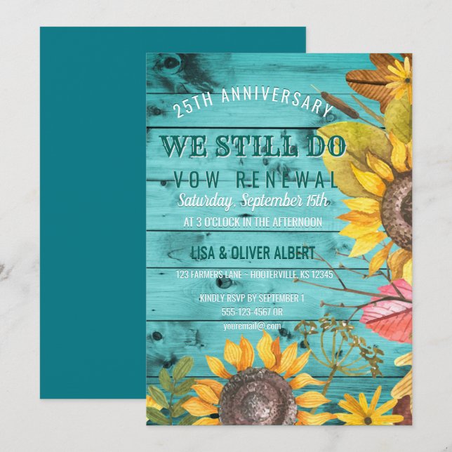 Invitación Rustic Sunflowers Aniversario de la Renovación de  (Anverso / Reverso)