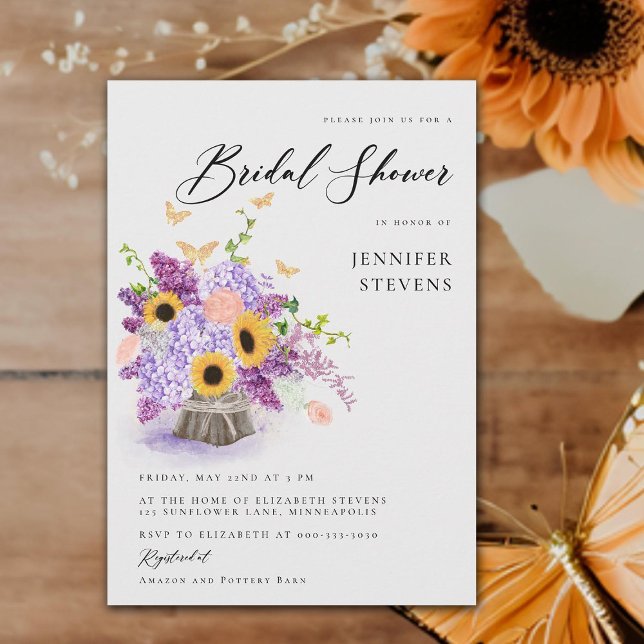 Invitación Rustic Sunflowers Butterflies Moderna Ducha Bridal (elegant rustic bouquet butterflies bridal shower invitation lilac hydrangea sunflowers modern boho)