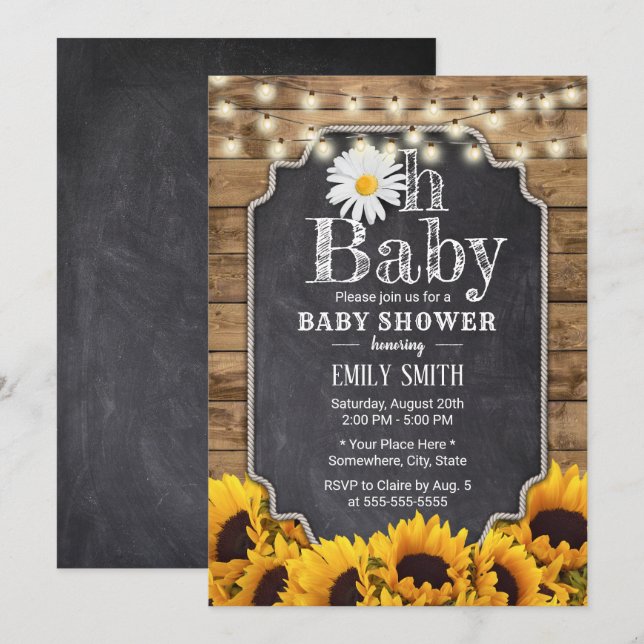 Invitación Rustic Sunflowers Chalkboard Daisy Baby Shower (Anverso / Reverso)