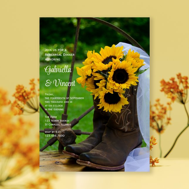 Invitación Rustic Sunflowers Cowboy Boots Rehearsal Dinner (Subido por el creador)