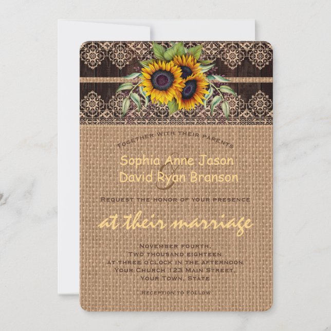 Invitación Rustic Sunflowers Lace Burlap Wood Wedding (Anverso)
