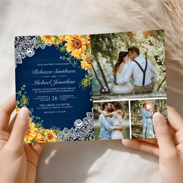 Invitación Rustic Sunflowers Navy Blue Wood QR Code Wedding (Subido por el creador)