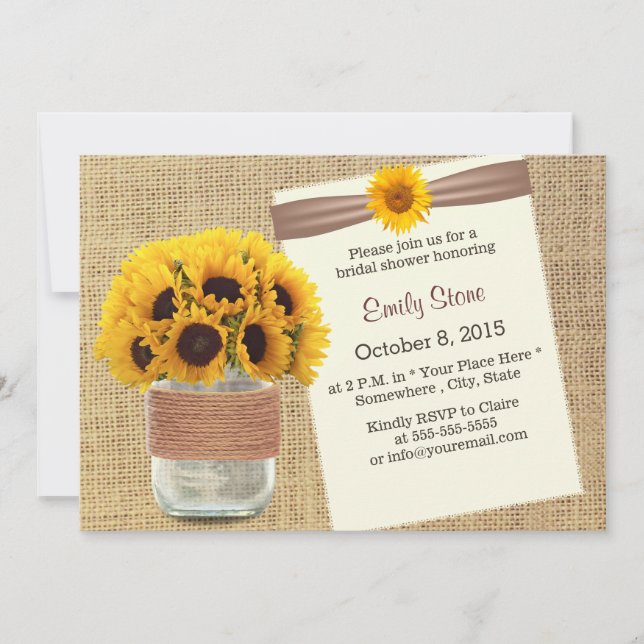 Invitación Rustic Sunflowers Rústica Mason Jar Bridal Shower (Anverso)