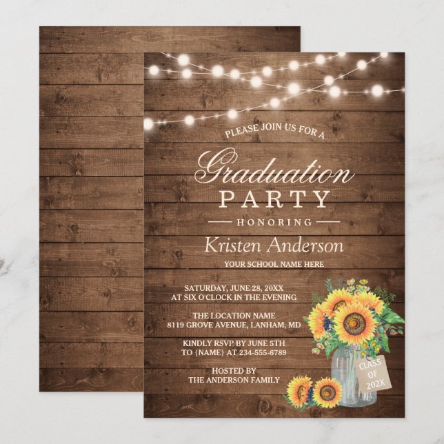 Invitación Rustic Sunflowers String ilumina la fiesta de grad (Anverso / Reverso)