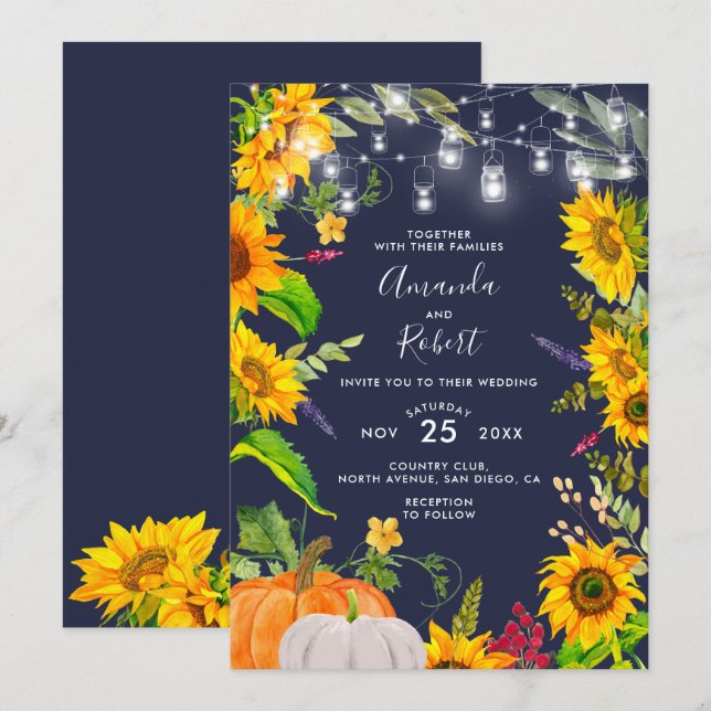 Invitación Rustic Sunflowers String ilumina la marina de cala (Anverso / Reverso)