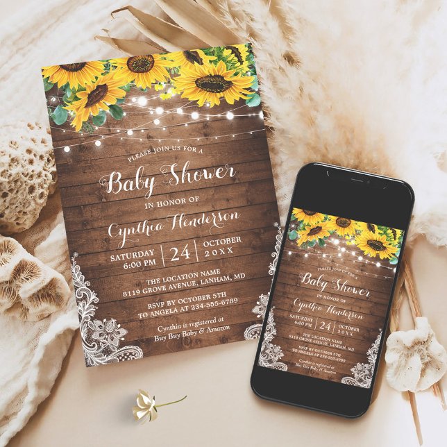 Invitación Rustic Sunflowers String Lights Lace Baby Shower (Subido por el creador)