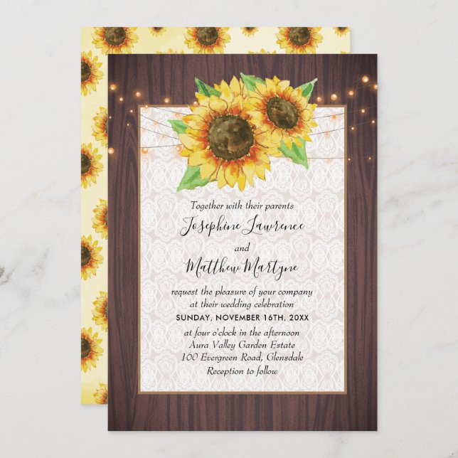Invitación Rustic Sunflowers String Lights Lace Boda (Anverso / Reverso)