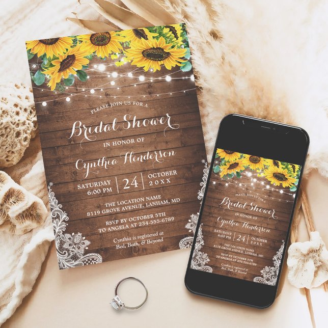 Invitación Rustic Sunflowers String Lights Lace Bridal Shower (This invitation is perfect for anyone hosting a bridal shower with a rustic and charming theme.)